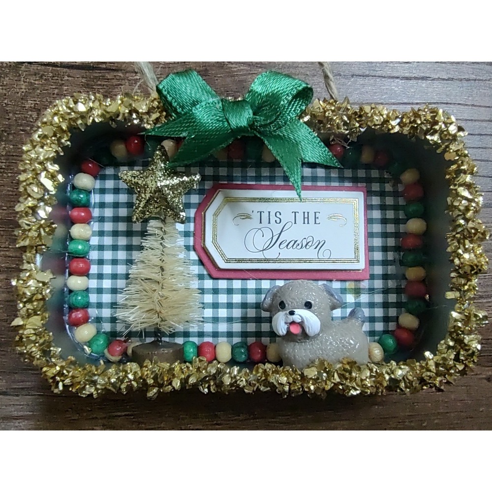 Dog Christmas Ornament Handmade Vtg Style OOAK Miniature Puppy Diorama O9
